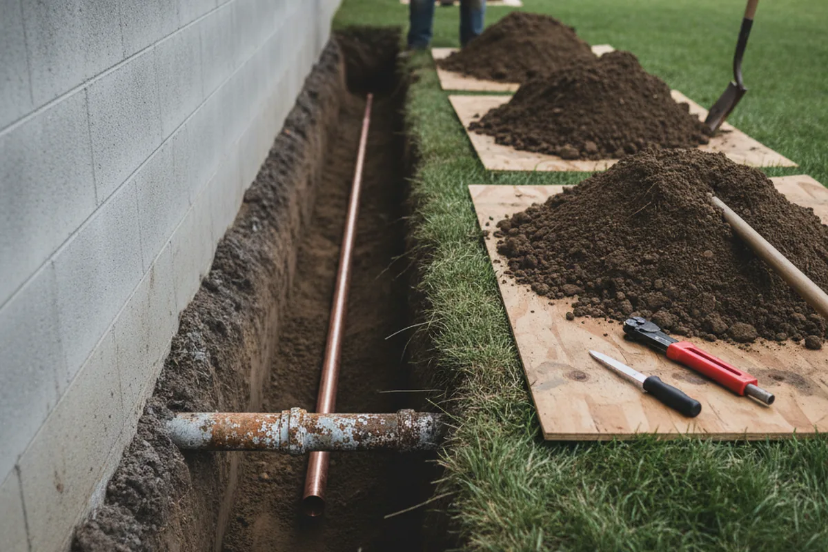 Excavated water line trench during Water Heater Repair in Harper